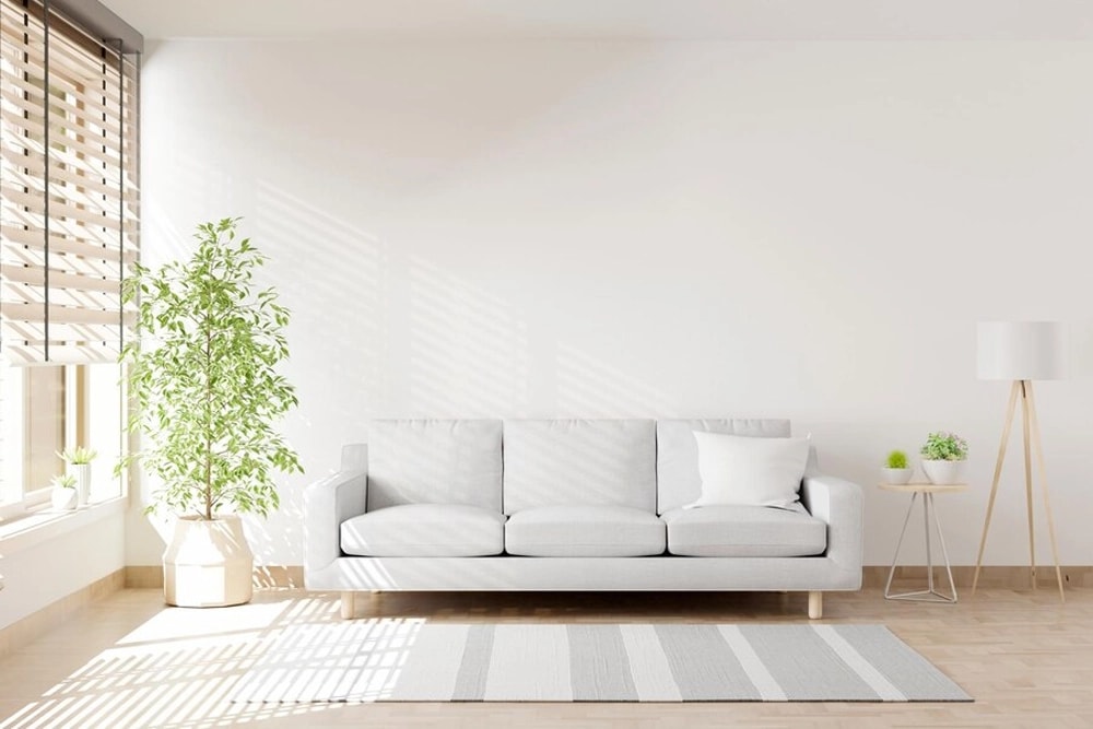 Bright, tidy living room with a white sofa, striped rug and potted plant